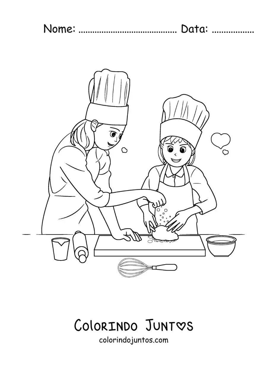 Desenho para colorir de uma mãe ajudando a filha a preparar uma sobremesa