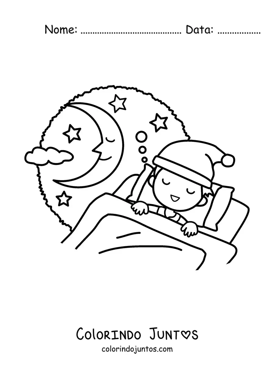 Desenho para colorir de um menino dormindo com a Lua sorrindo