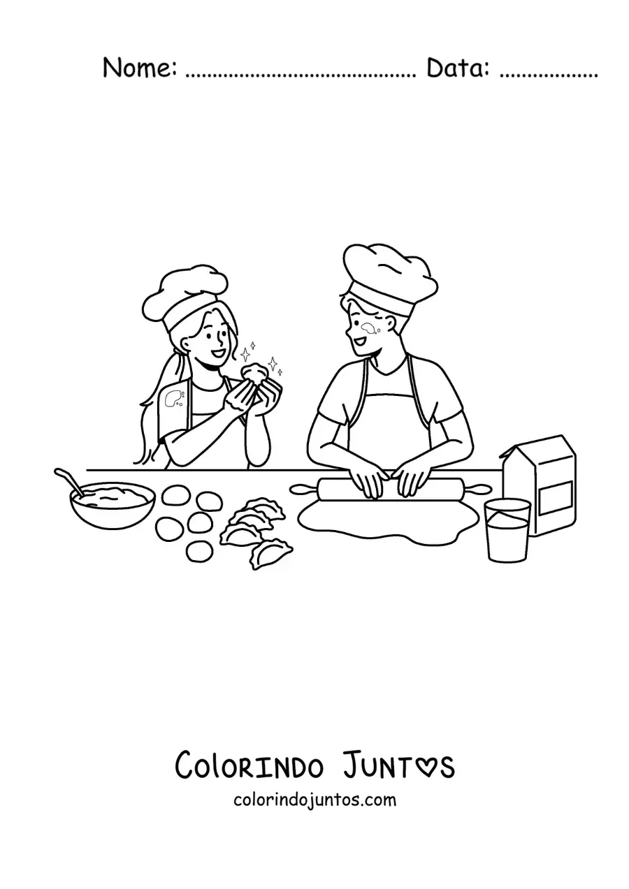 Desenho para colorir de um casal preparando empanadas