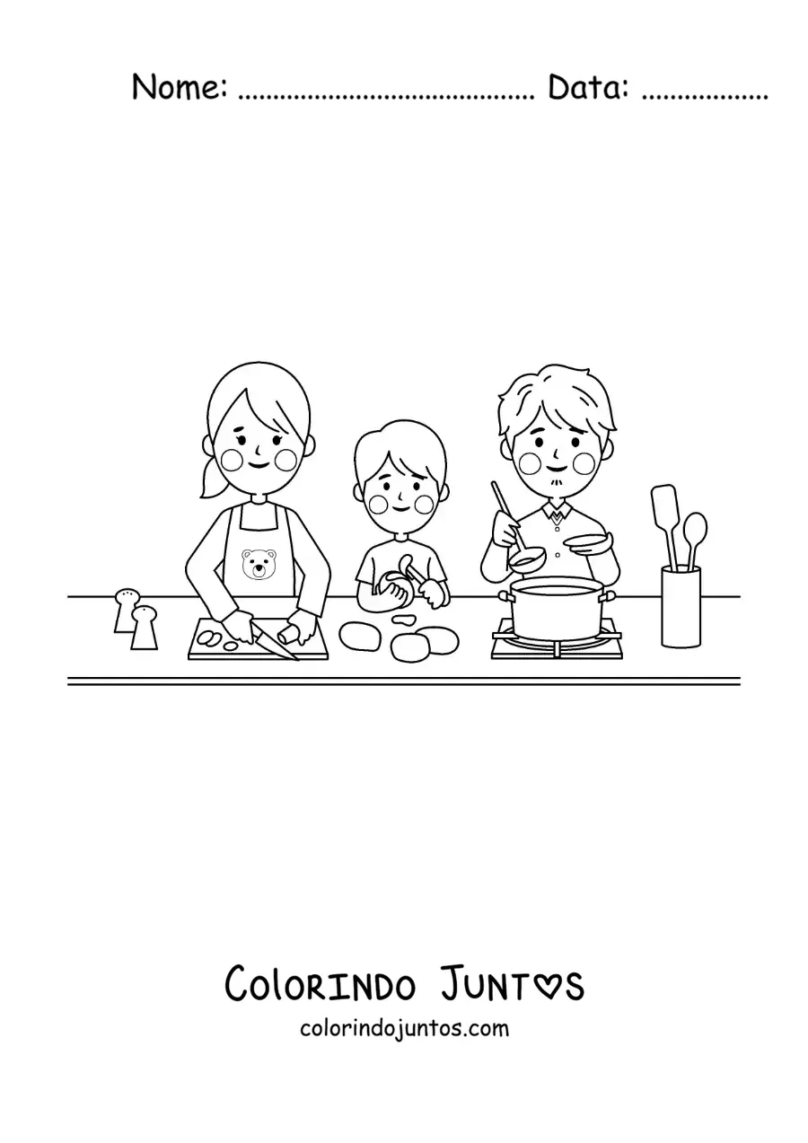 Desenho para colorir de uma família kawaii cozinhando em casa