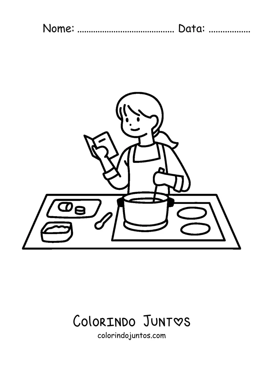 Desenho para colorir de uma mulher seguindo uma receita de cozinha