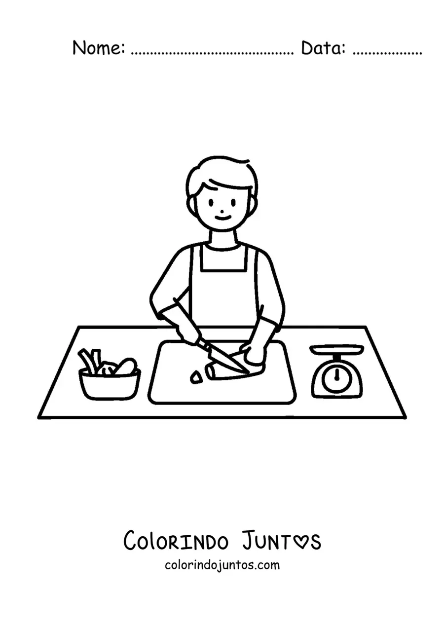 Desenho para colorir de um homem cortando legumes na cozinha