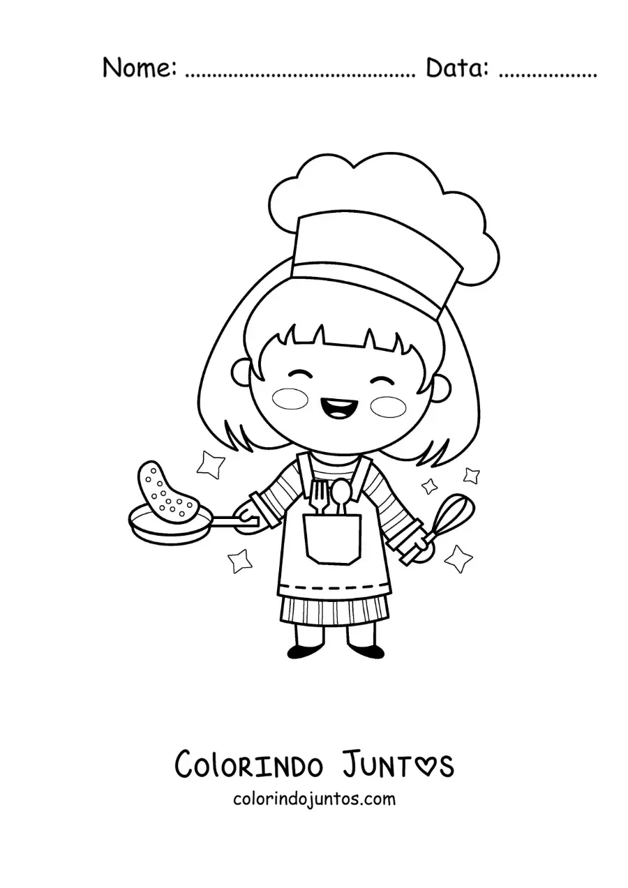Desenho para colorir de uma menina kawaii preparando uma omelete