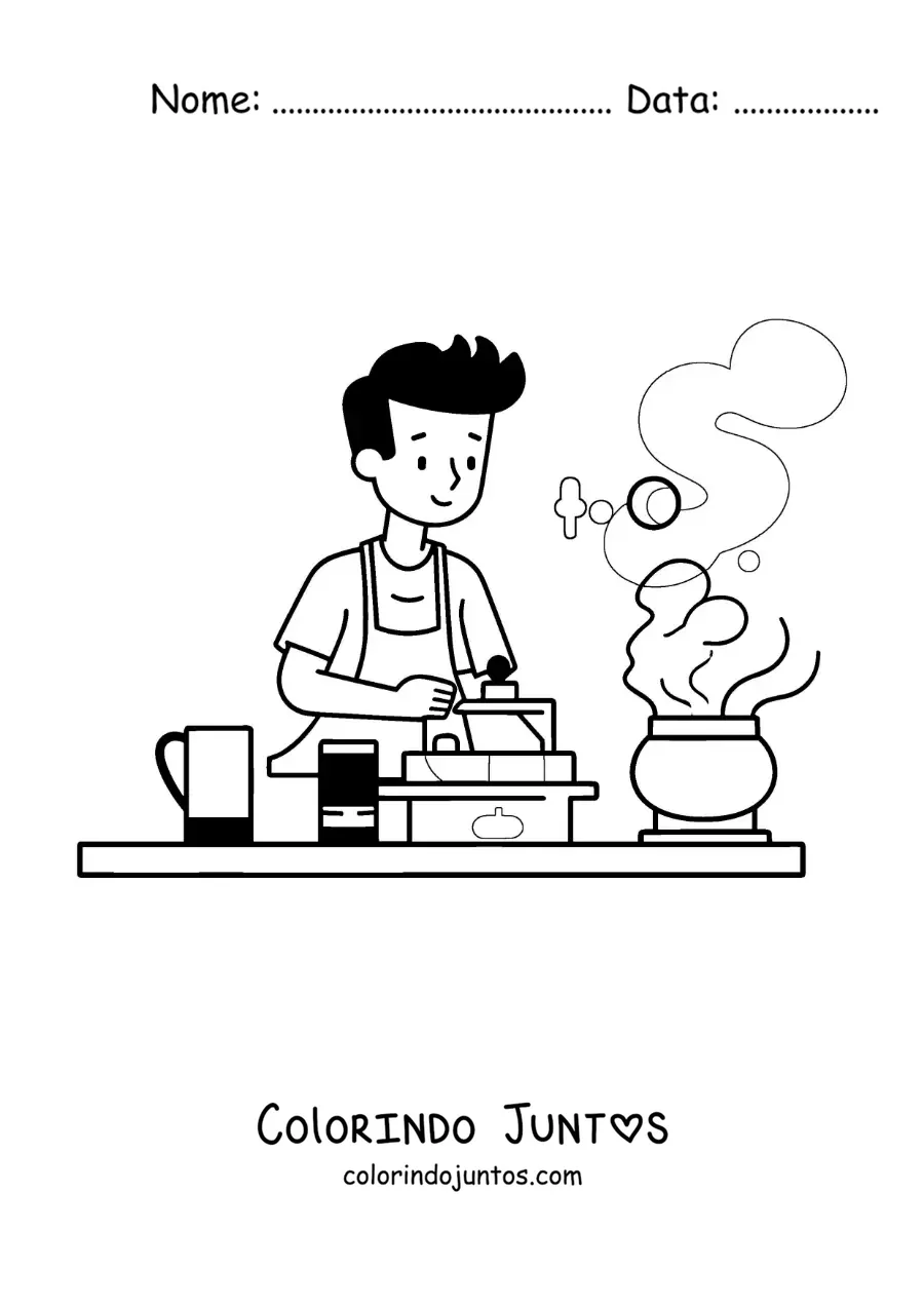 Desenho para colorir de um homem cozinhando em casa