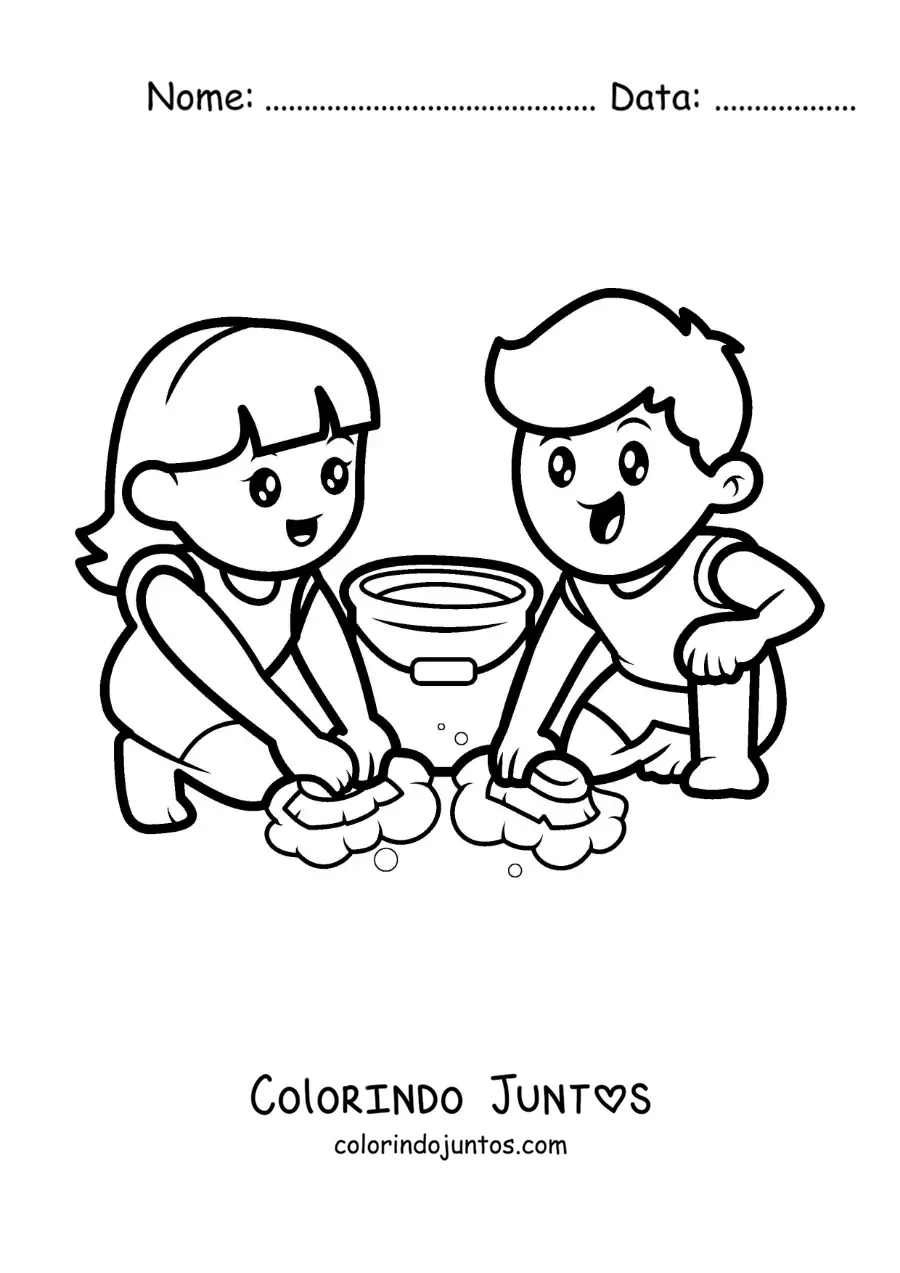 Desenho para colorir de duas crianças kawaii esfregando o chão em casa