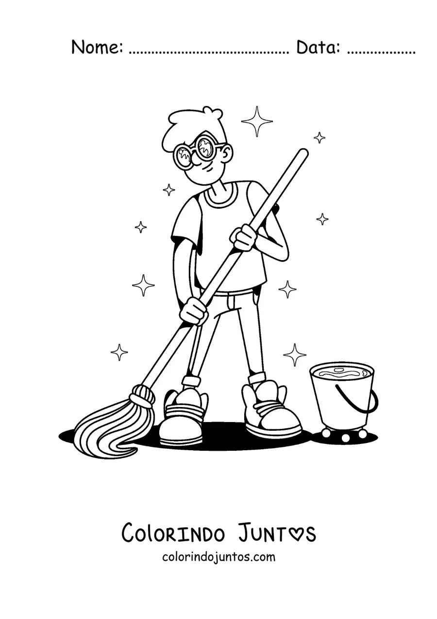 Desenho para colorir de um menino esfregando o chão em casa
