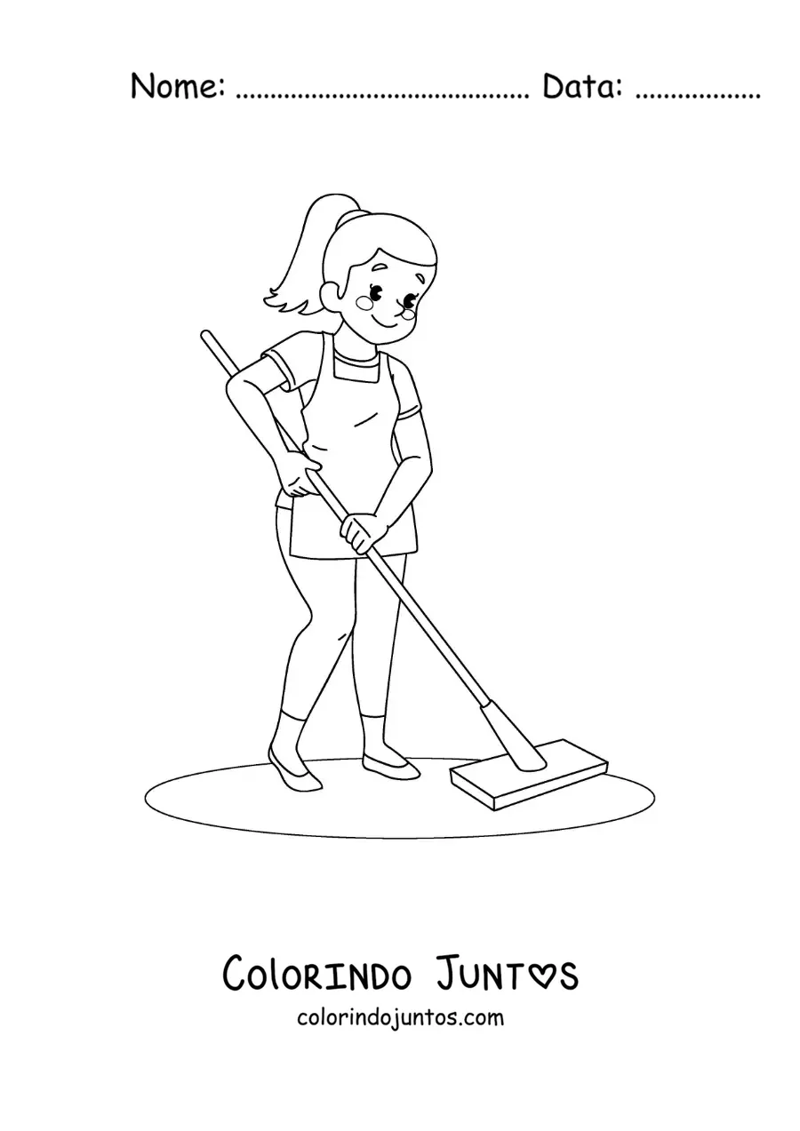 Desenho para colorir de uma mãe limpando o chão com um esfregão