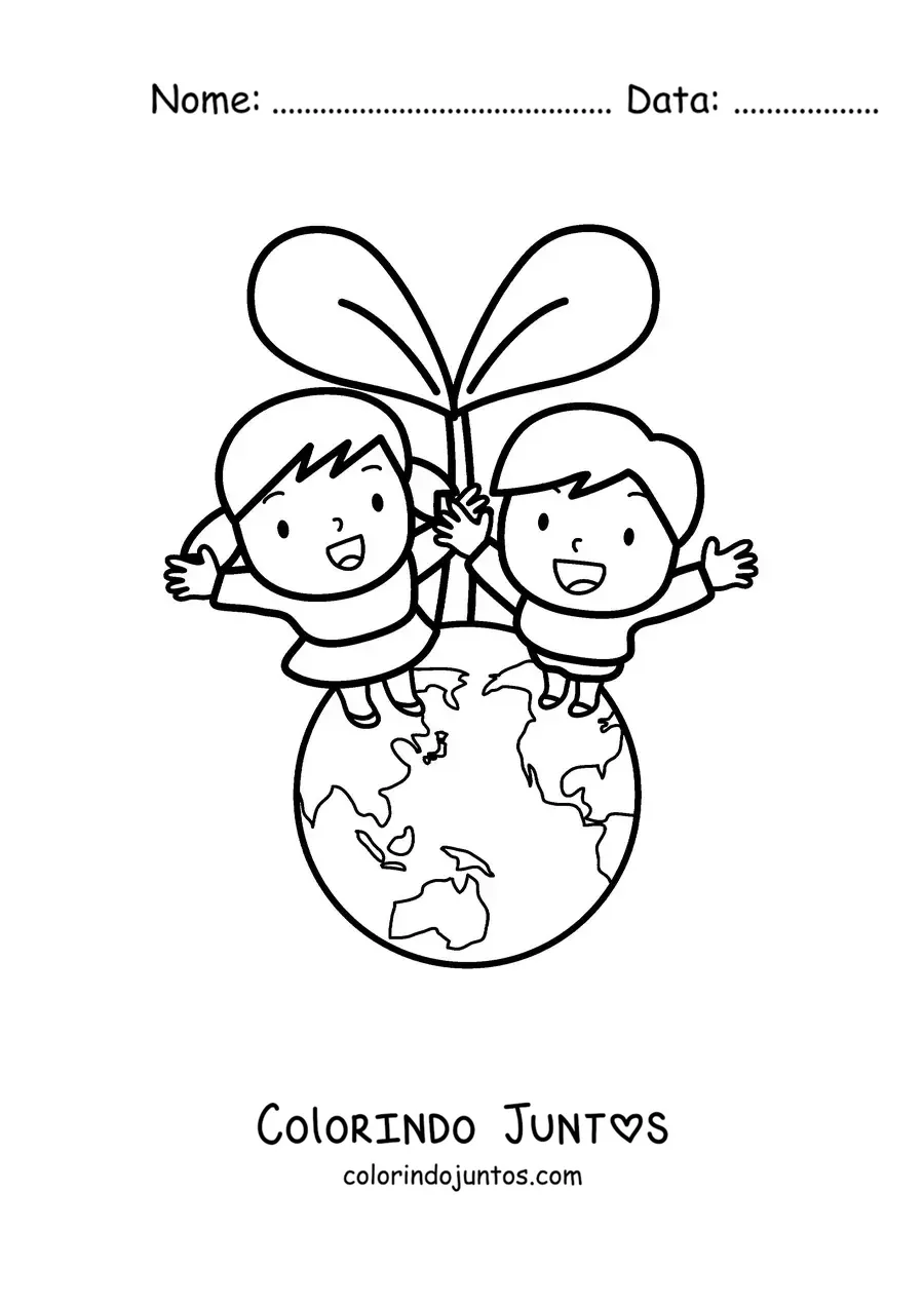 Desenho para colorir de duas crianças cuidando do planeta