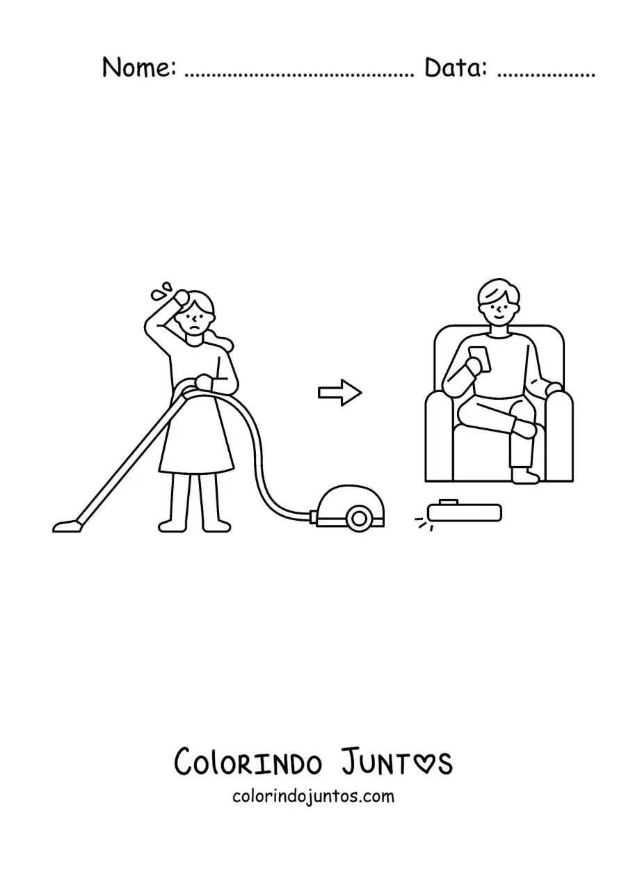 Desenho para colorir de uma mulher aspirando a casa vs um homem com um robô aspirador