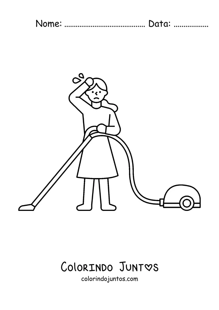 Desenho para colorir de uma mulher exausta de aspirar o chão