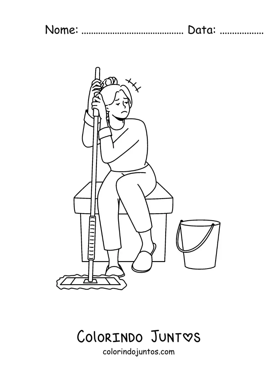 Desenho para colorir de uma menina exausta de esfregar o chão com o esfregão