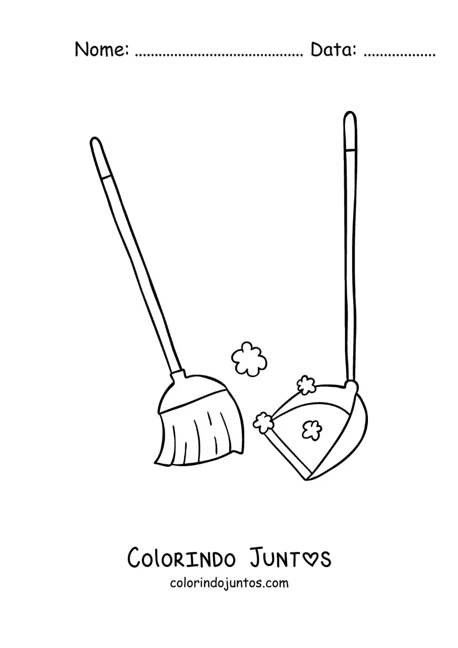 Desenho para colorir de uma vassoura varrendo poeira e uma pá