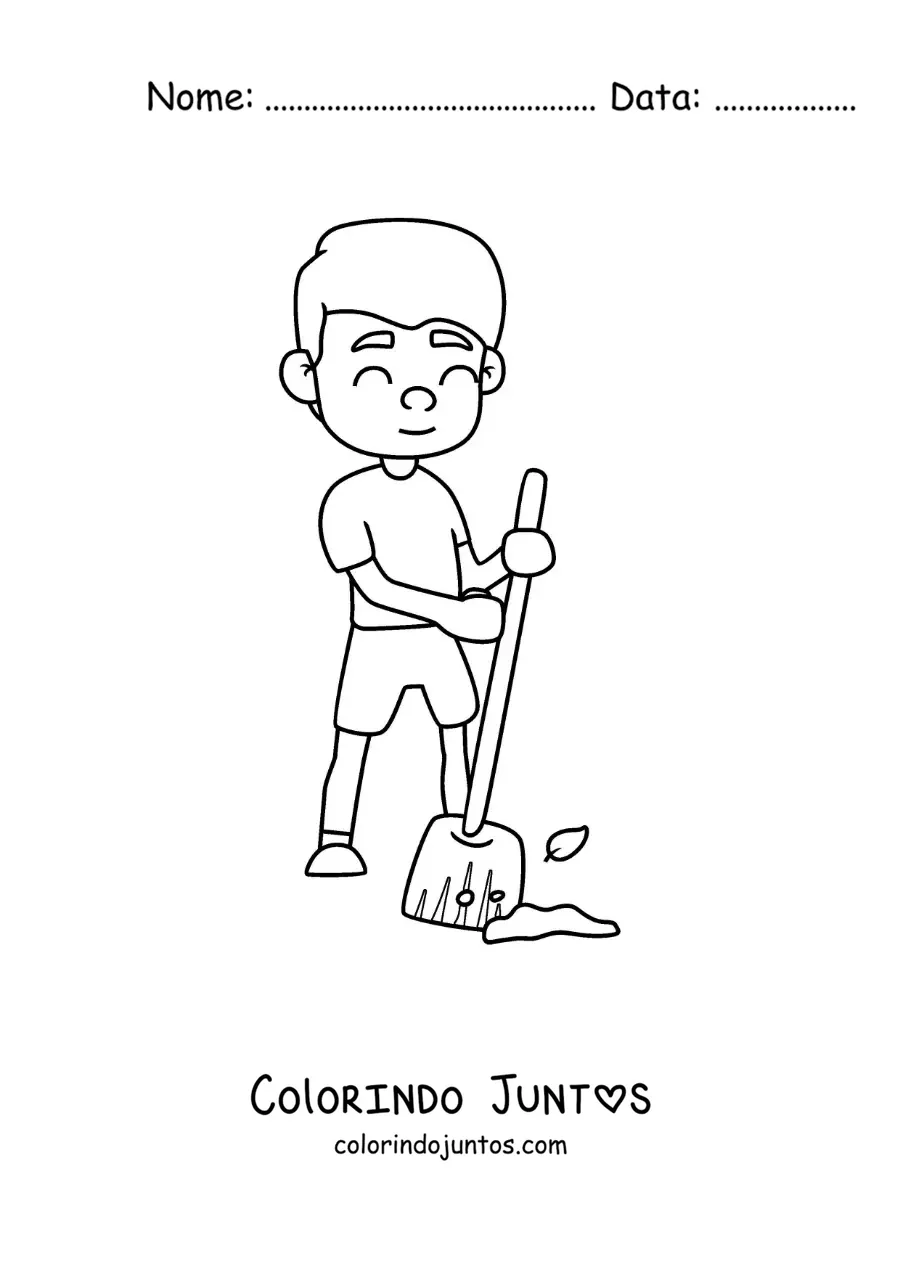 Desenho para colorir de um menino ajudando a varrer em casa