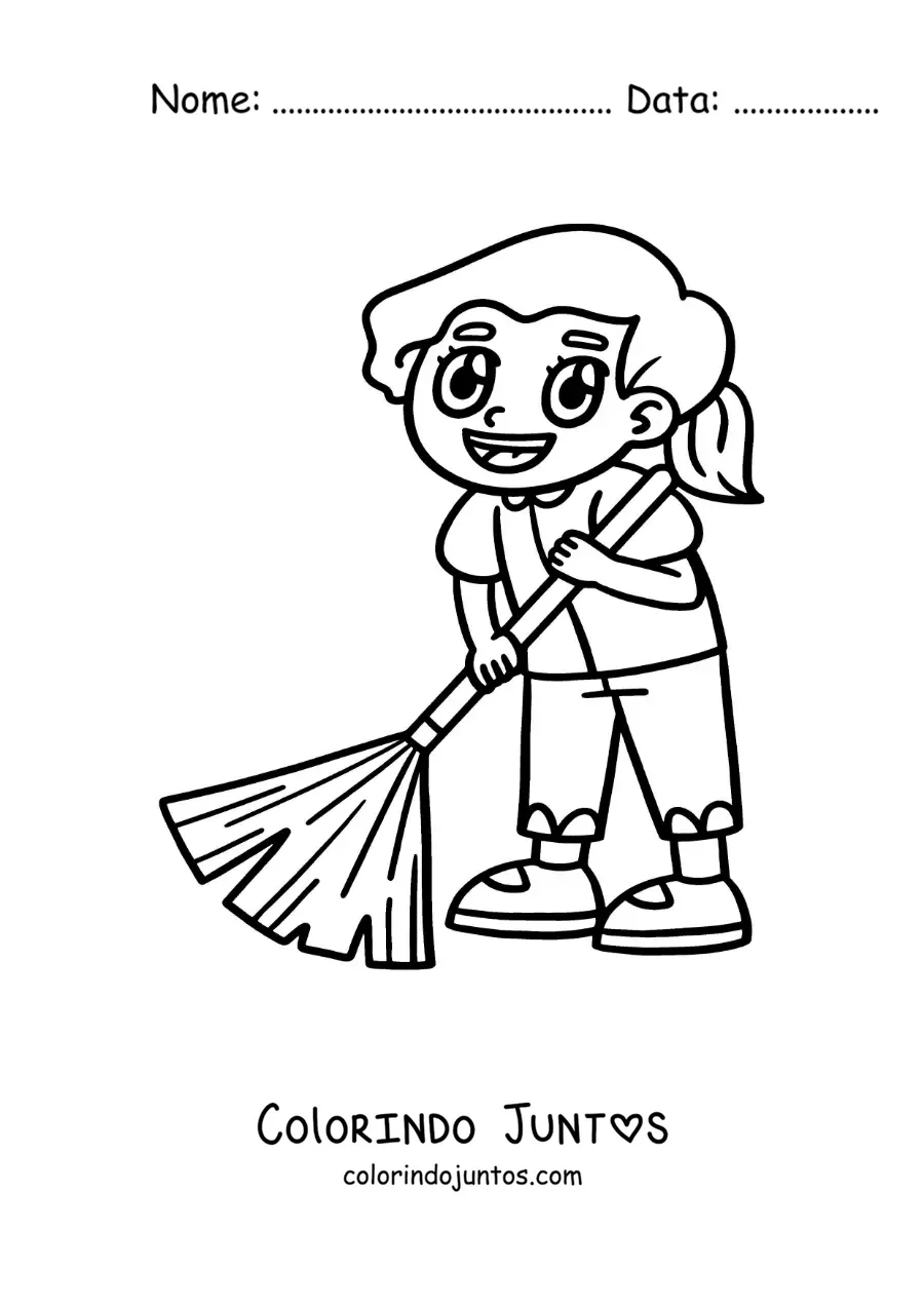 Desenho para colorir de uma menina kawaii ajudando a varrer em casa