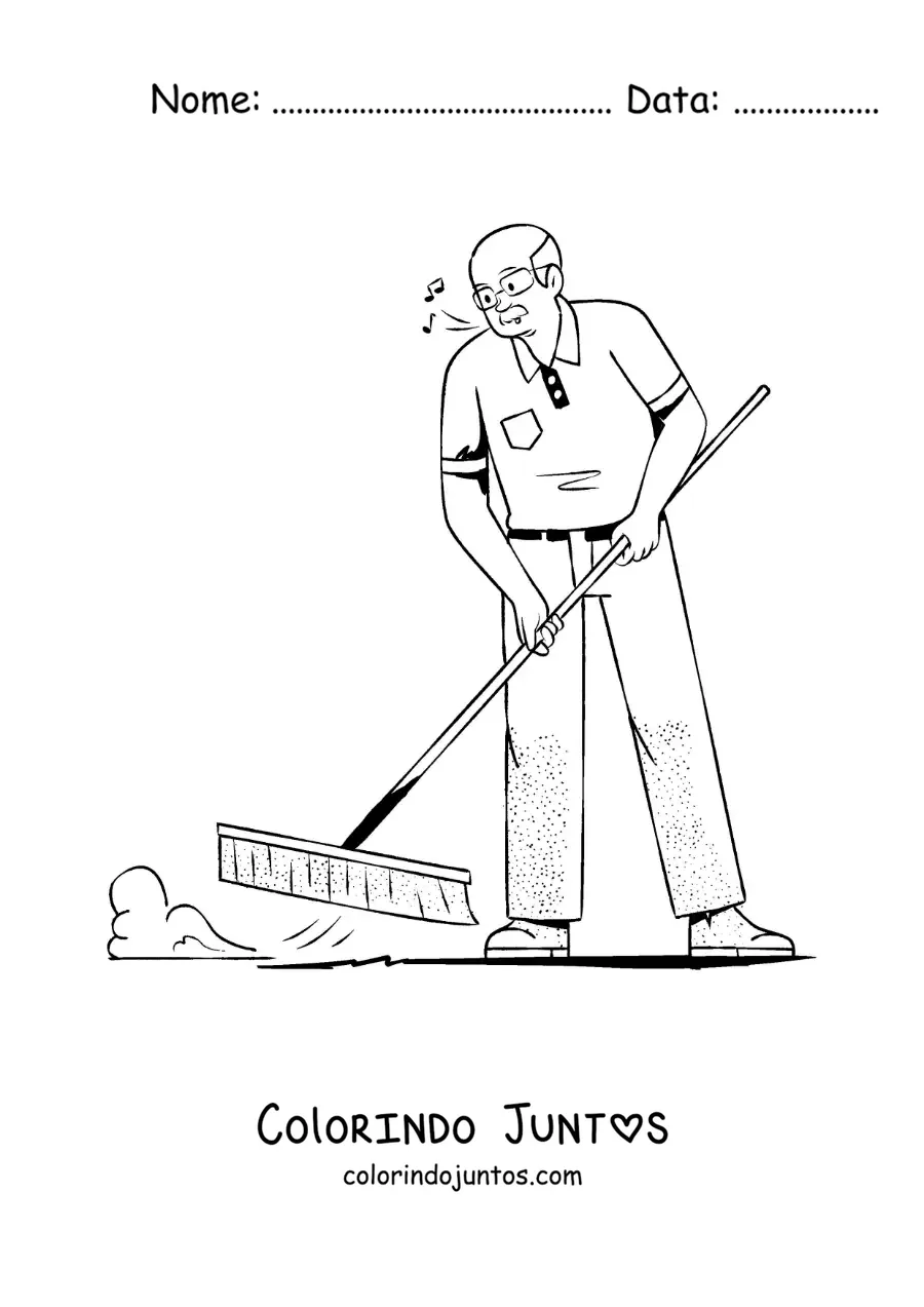 Desenho para colorir de um avô varrendo o chão em casa