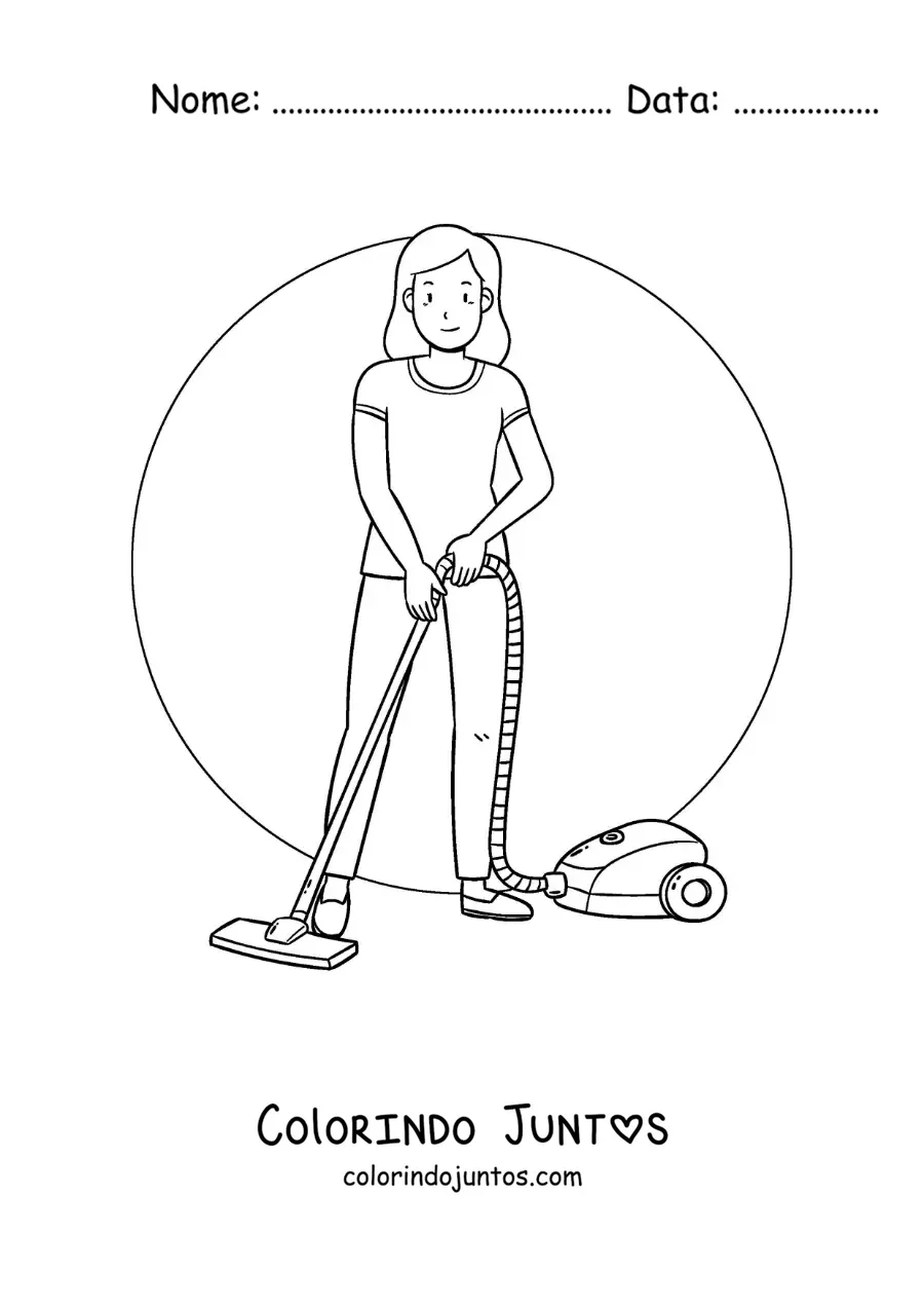 Desenho para colorir de uma mãe aspirando o chão em casa