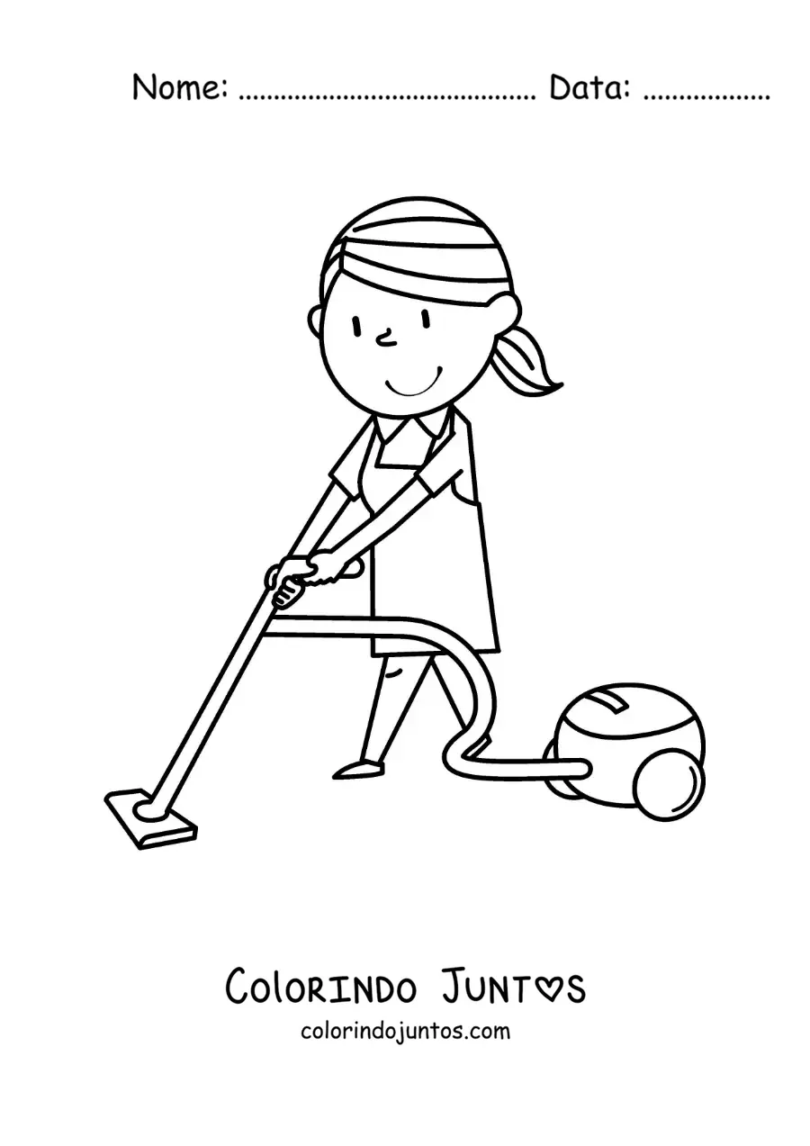 Desenho para colorir de uma mulher animada aspirando o chão
