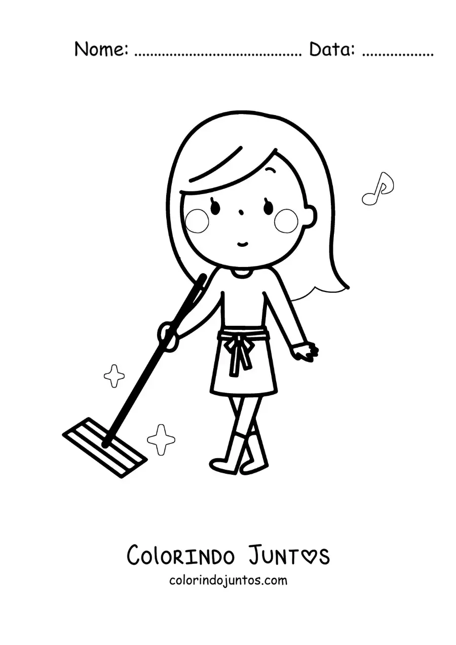 Desenho para colorir de uma mulher kawaii limpando o chão com um esfregão