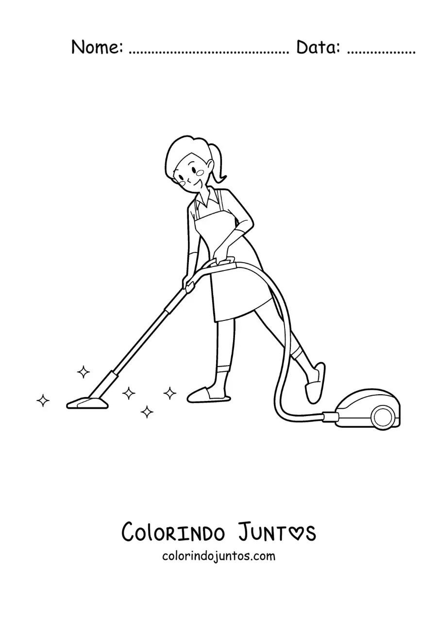 Desenho para colorir de uma dona de casa limpando o chão com o aspirador