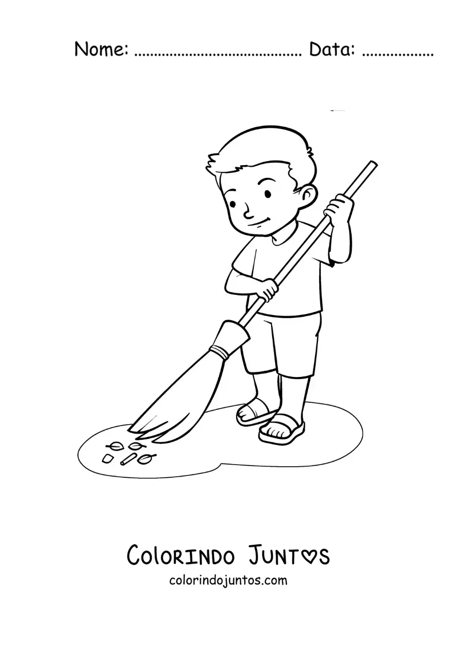 Desenho para colorir de um menino varrendo poeira em casa