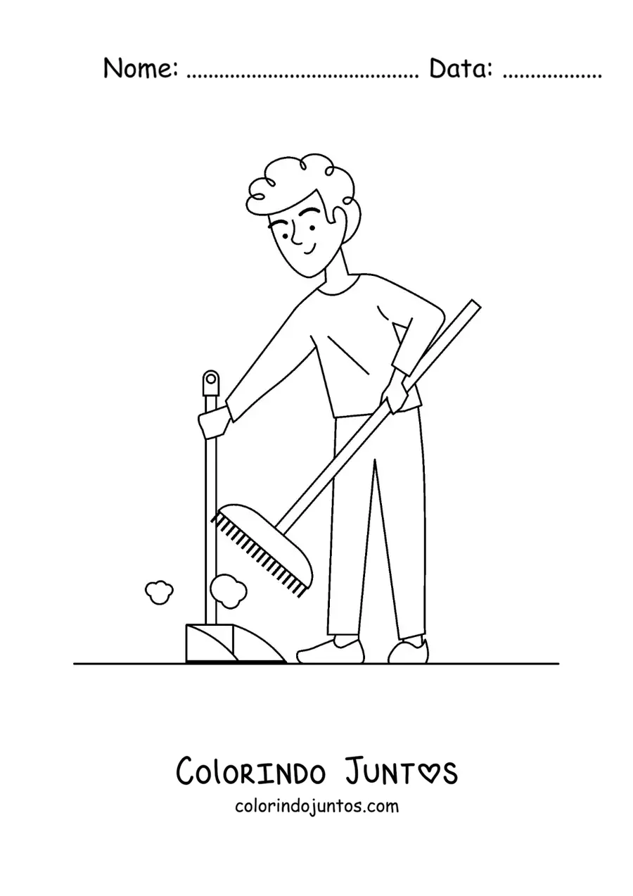 Desenho para colorir de um menino varrendo poeira em casa com uma pá
