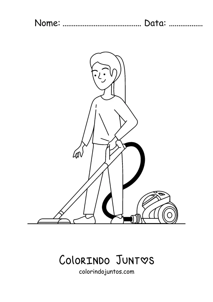Desenho para colorir de uma menina aspirando poeira em casa