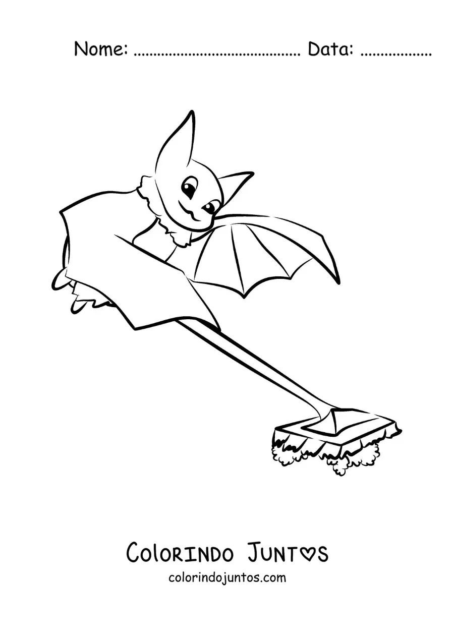 Desenho para colorir de um morcego animado limpando o chão com esfregão