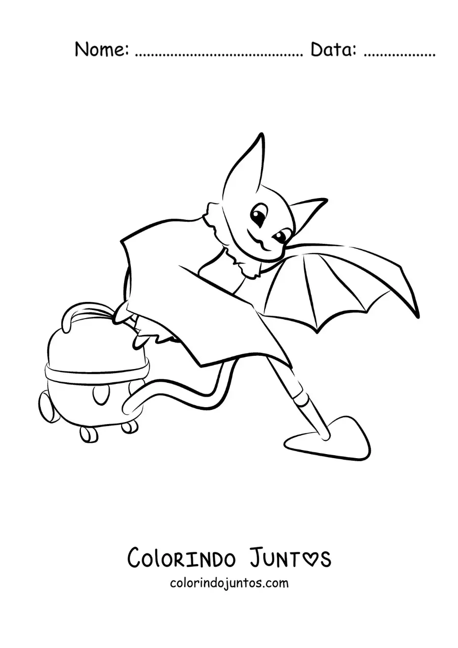 Desenho para colorir de um morcego animado aspirando o chão