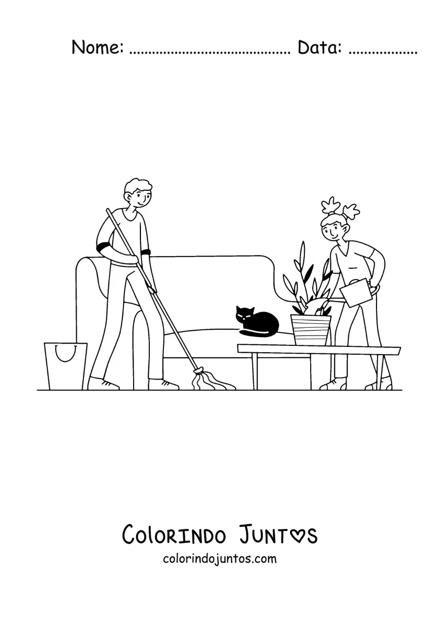 Desenho para colorir de um casal fazendo as tarefas domésticas