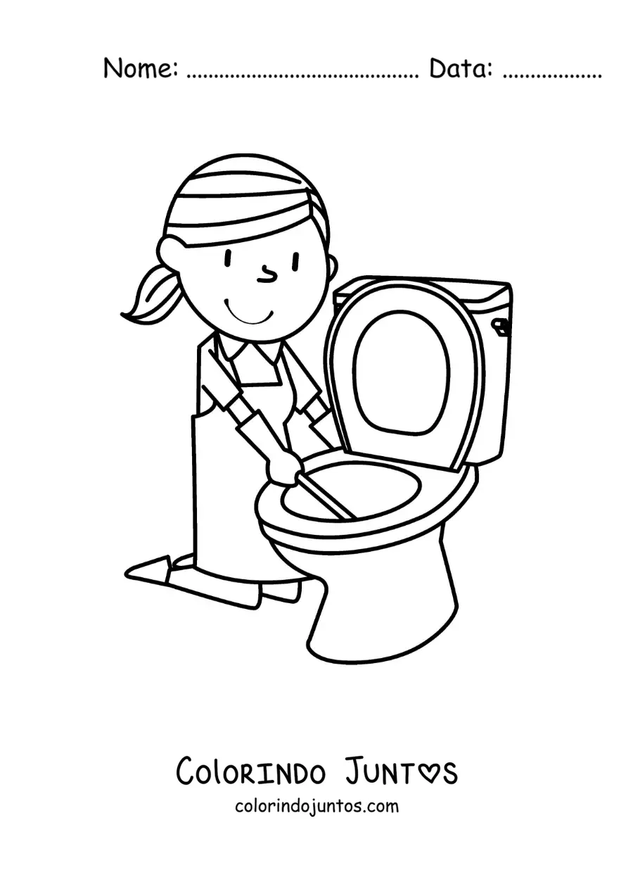 Desenho para colorir de uma mulher animada limpando o vaso sanitário