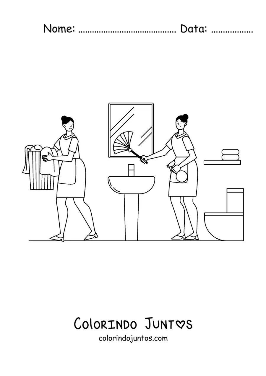 Desenho para colorir de duas meninas limpando um banheiro