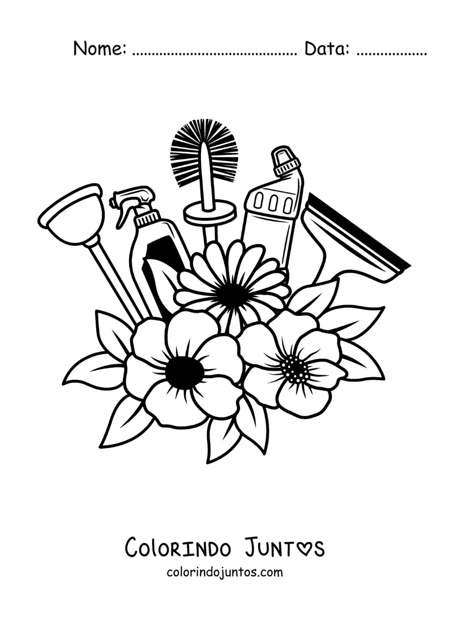 Desenho para colorir de produtos de limpeza para o banheiro com flores