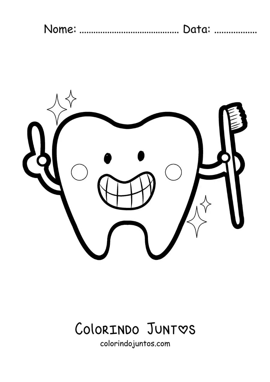 Desenho para colorir de um dente animado kawaii com uma escova de dentes