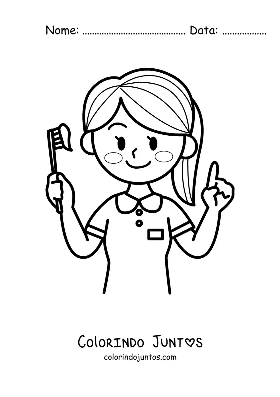 Desenho para colorir de uma menina kawaii com uma escova de dentes