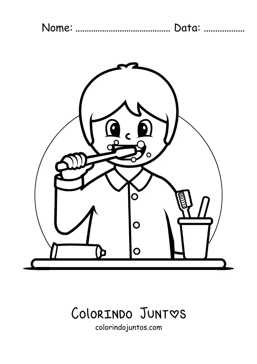 Desenho para colorir de um menino animado escovando os dentes
