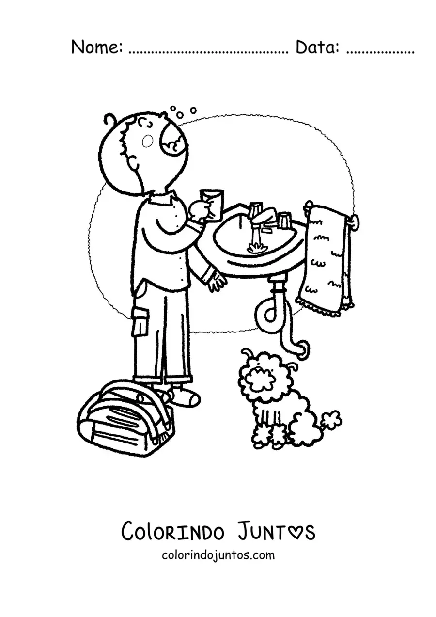 Desenho para colorir de um menino usando enxaguante bucal ao chegar da escola