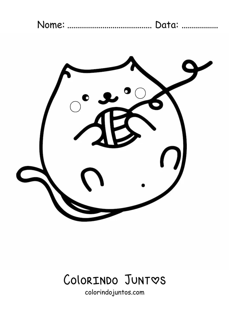 Desenho para colorir de um gato kawaii deitado brincando com um novelo