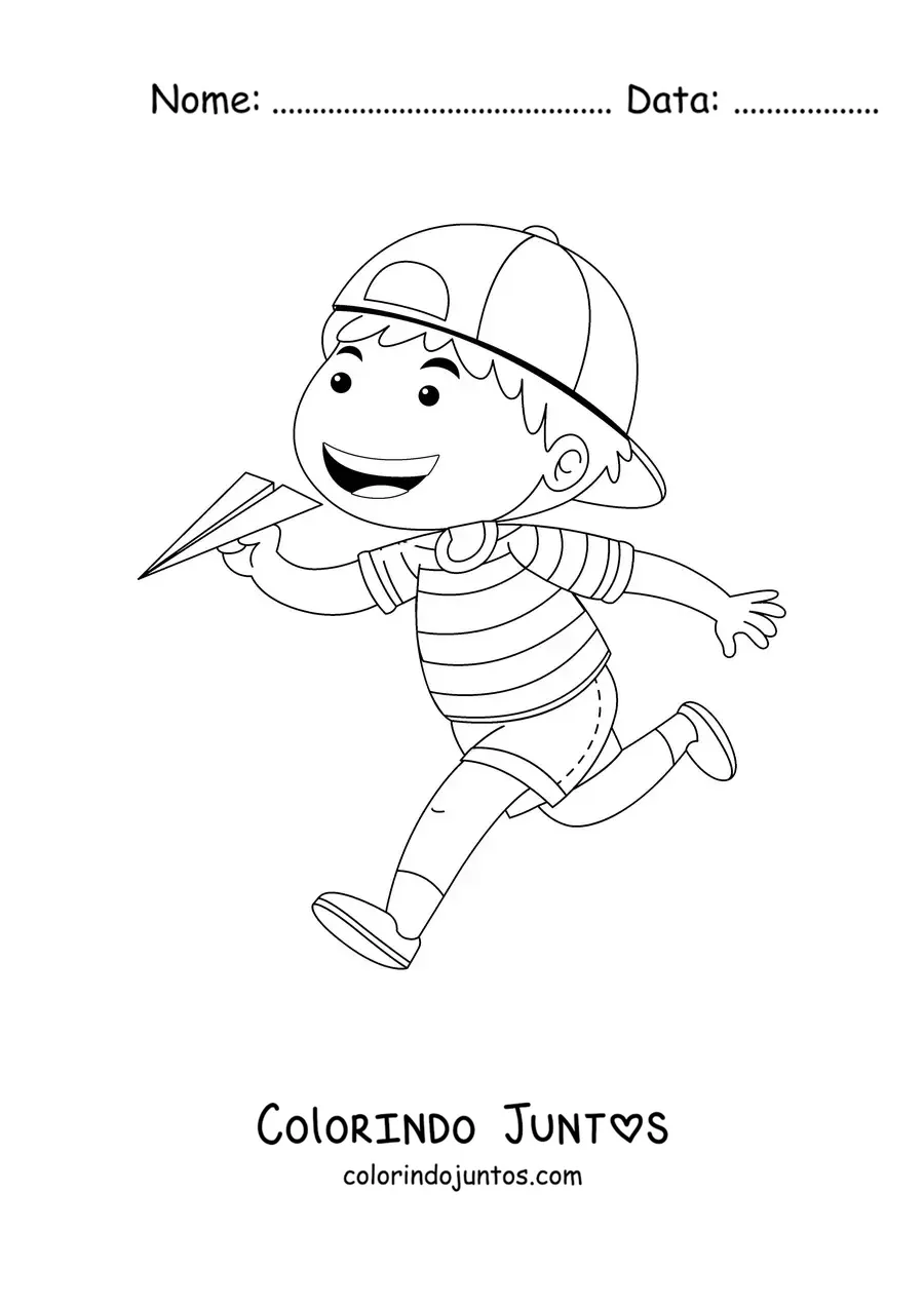Desenho para colorir de um menino correndo segurando um avião de papel