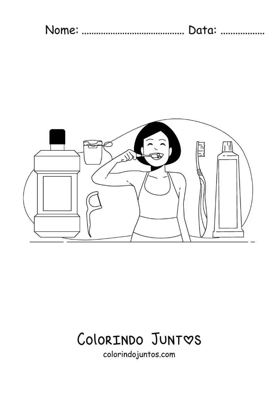 Desenho para colorir de uma menina escovando os dentes com enxaguante bucal e fio dental
