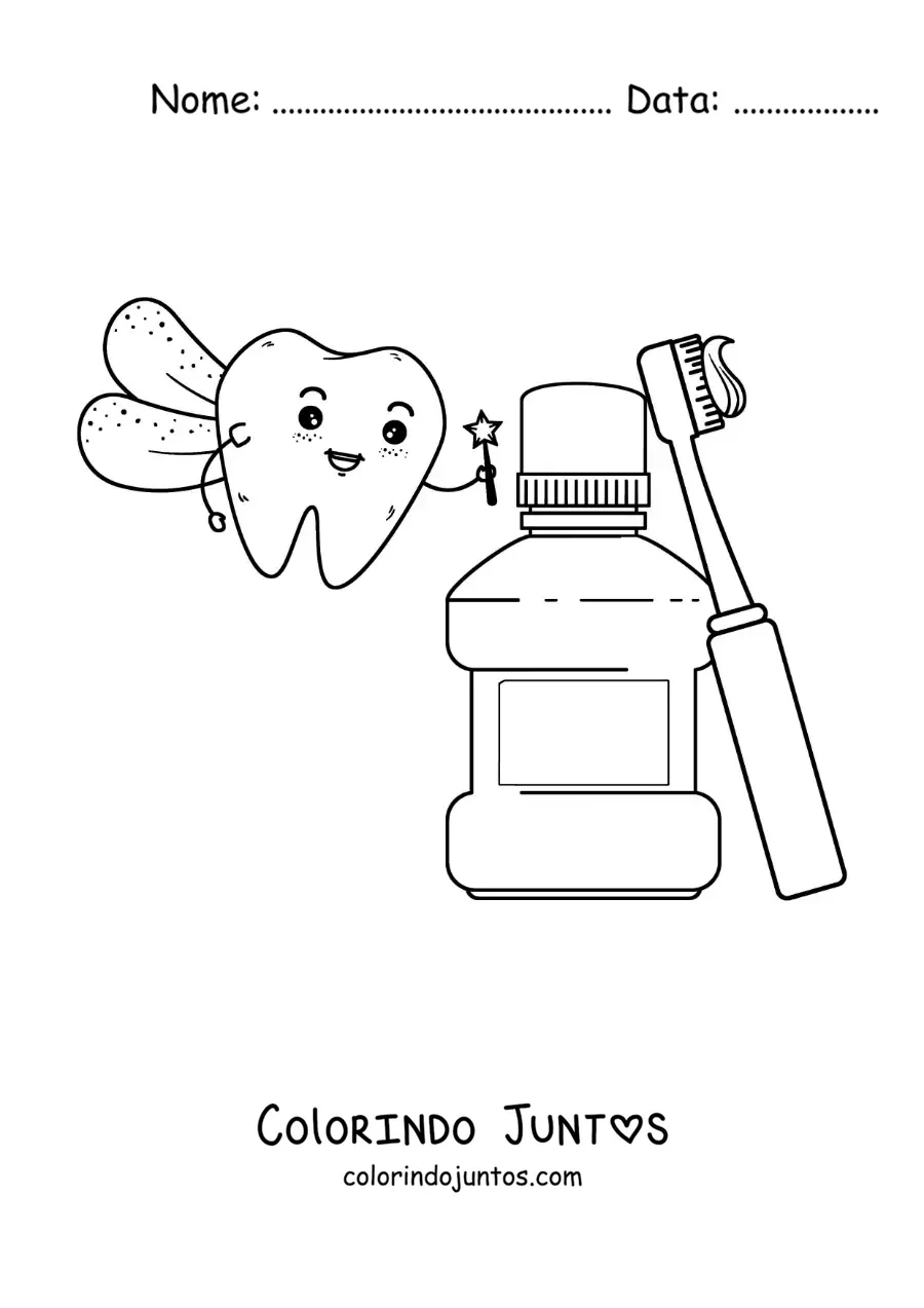 Desenho para colorir da fada do dente ao lado do creme dental e do enxaguante