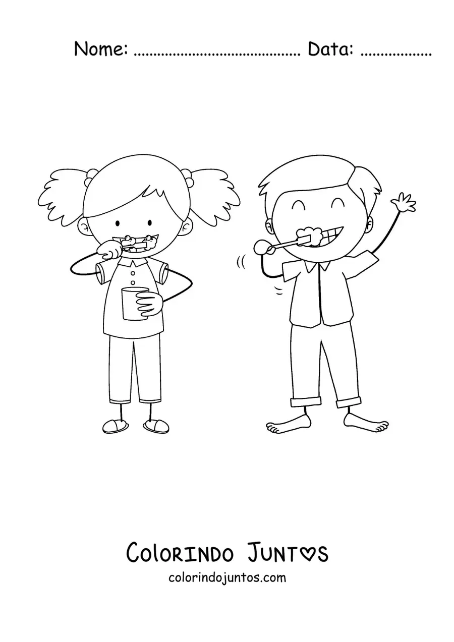 Desenho para colorir de um desenho de duas crianças escovando os dentes