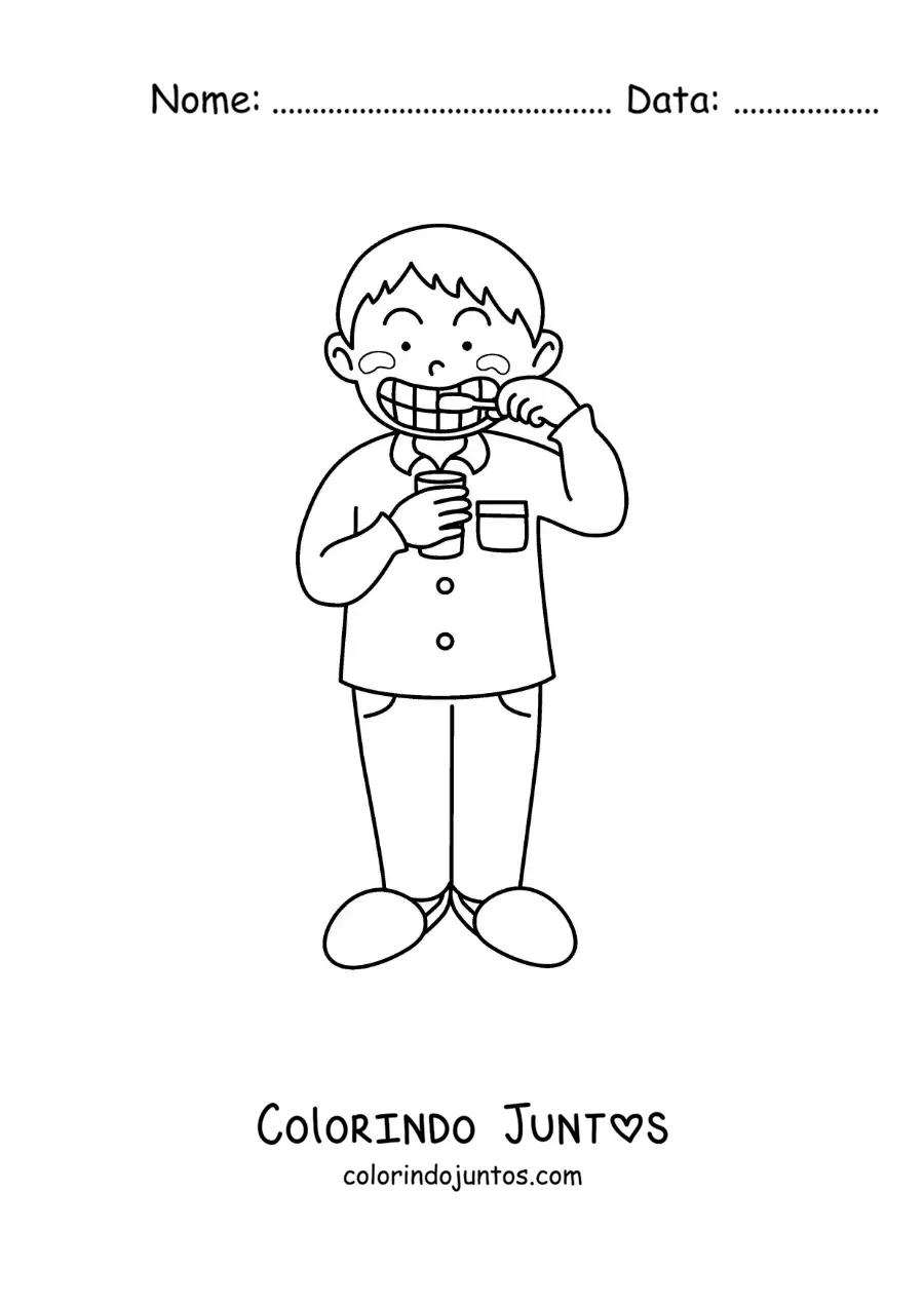 Desenho para colorir de um menino escovando os dentes antes de dormir