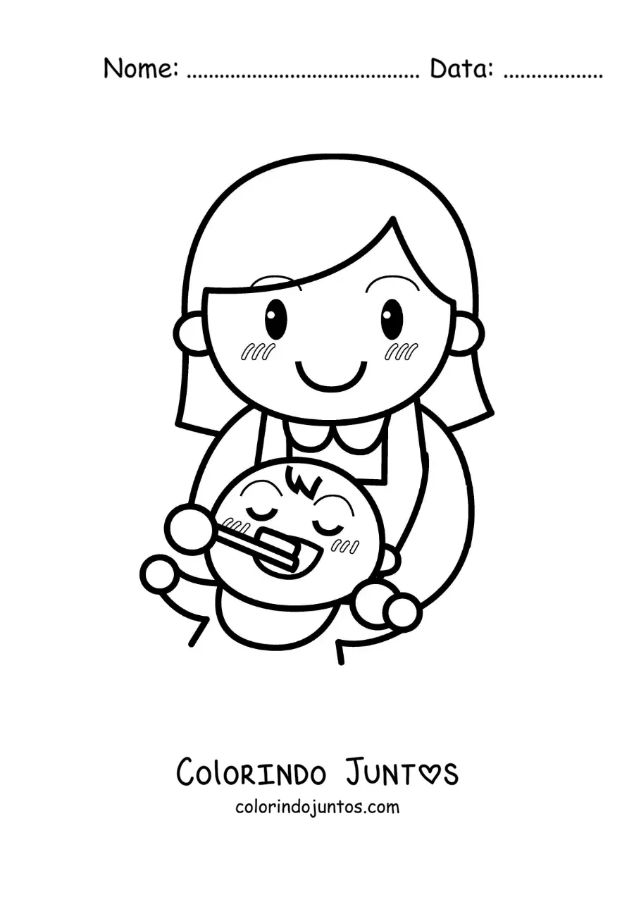 Desenho para colorir de uma mãe escovando os dentes do bebê