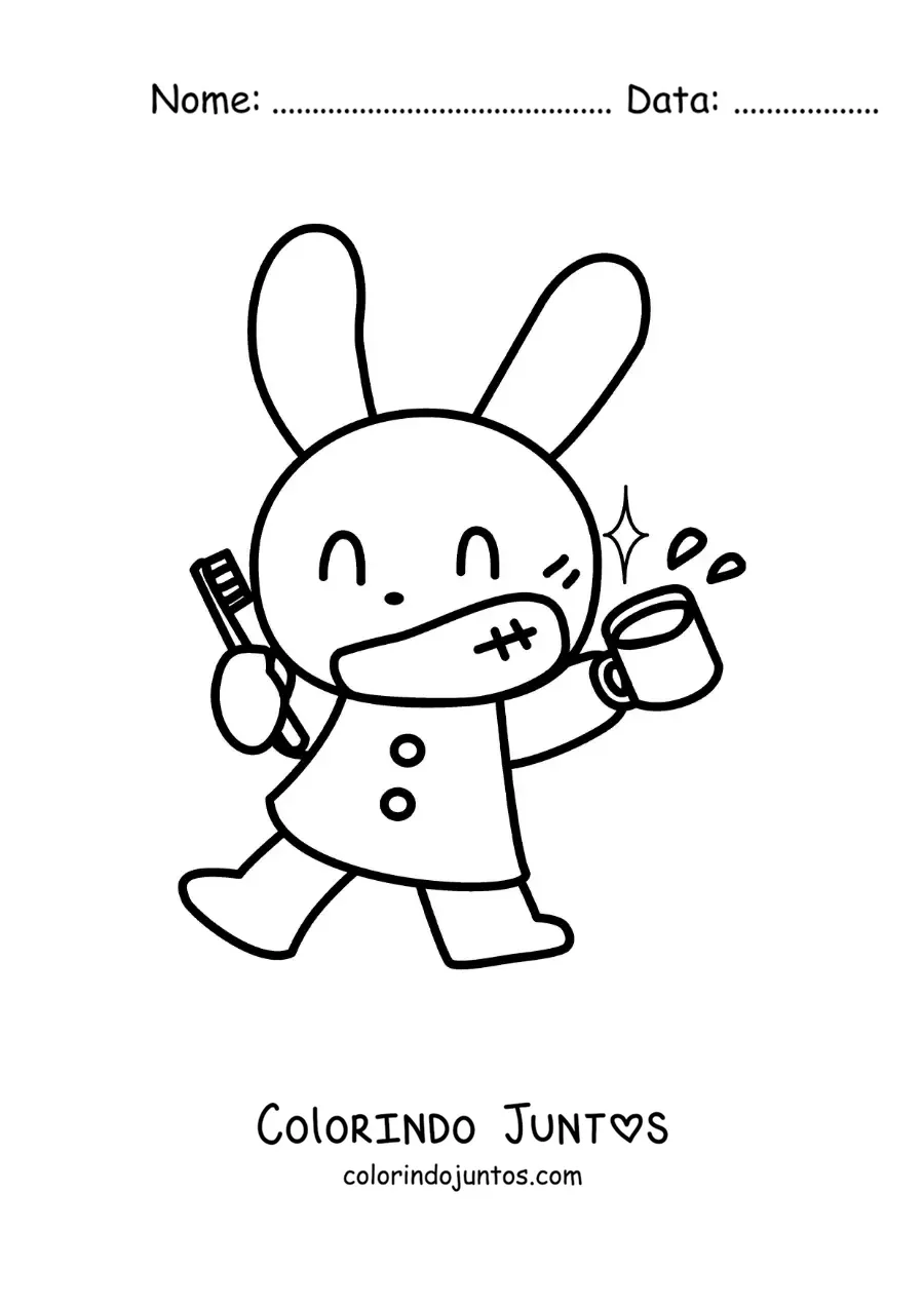 Desenho para colorir de um coelho kawaii escovando os dentes
