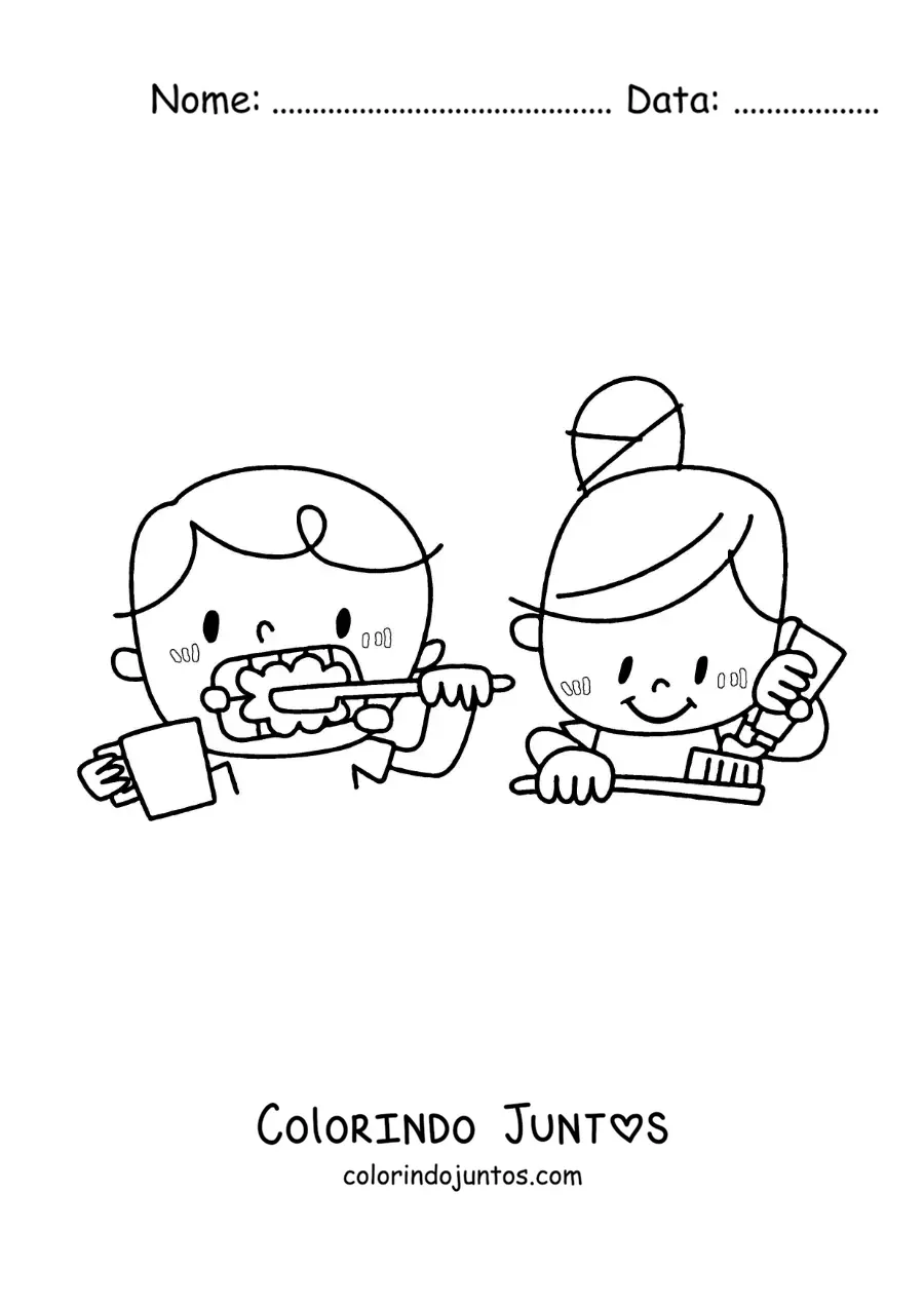 Desenho para colorir de uma menina e um menino escovando os dentes