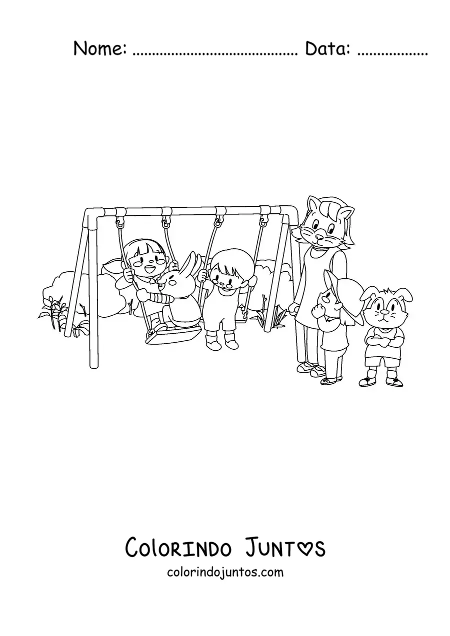Desenho para colorir de várias crianças brincando no parque junto a coelhos animados