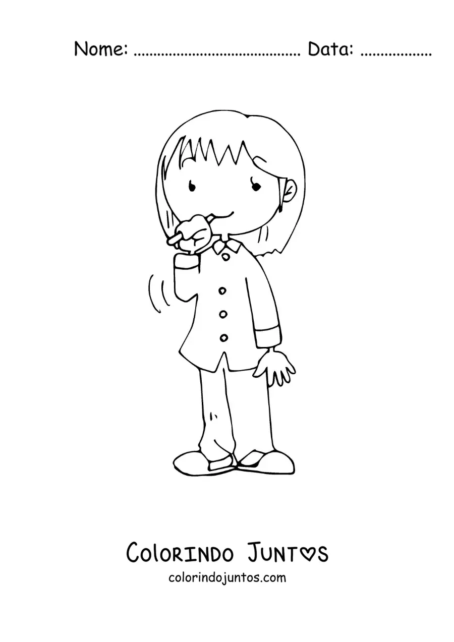 Desenho para colorir de uma menina escovando os dentes antes de dormir