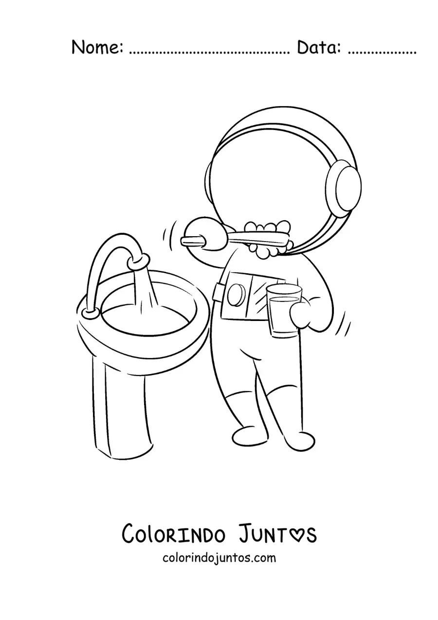 Desenho para colorir de um astronauta animado escovando os dentes
