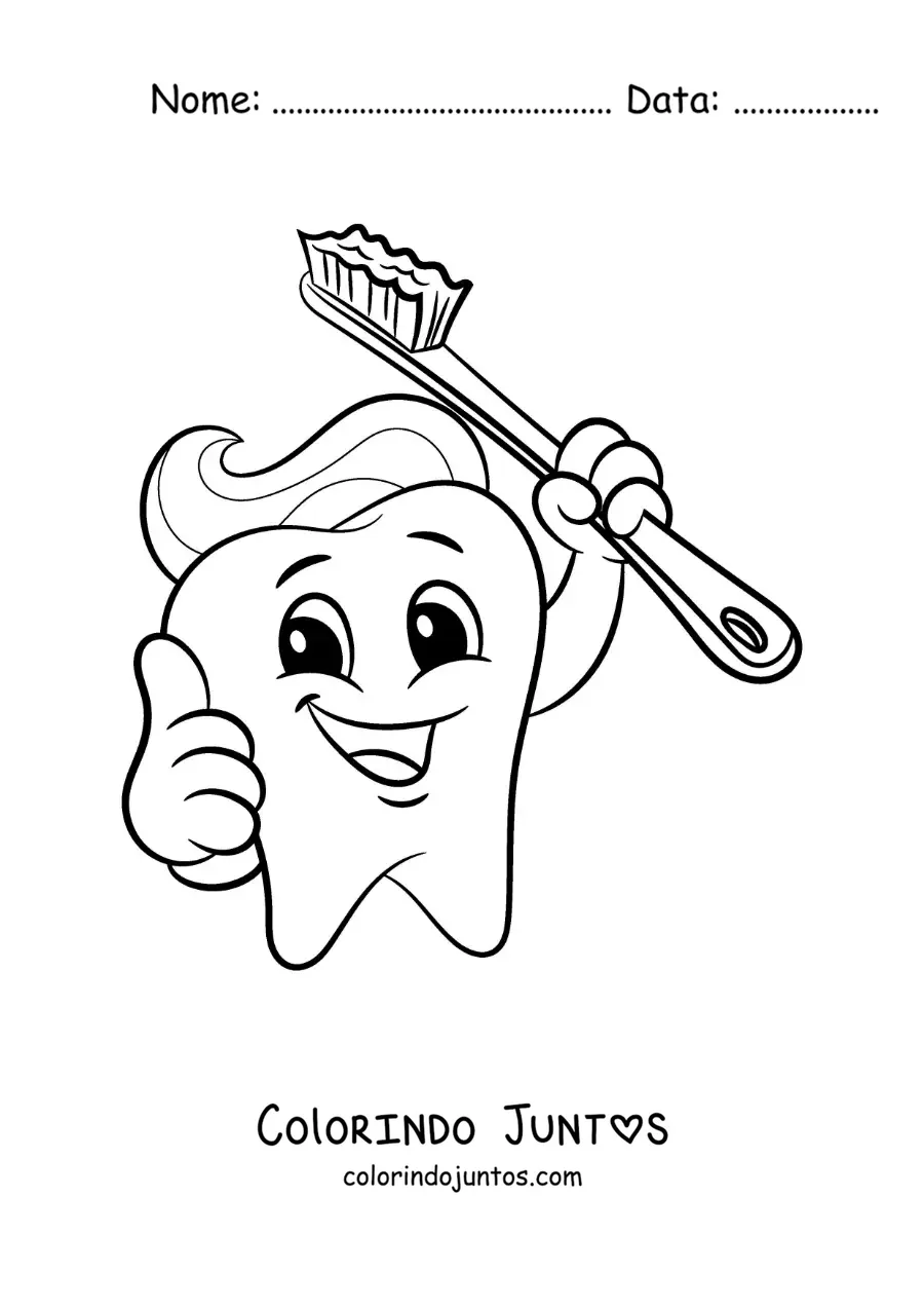Desenho para colorir de um desenho de um dente animado com uma escova de dentes