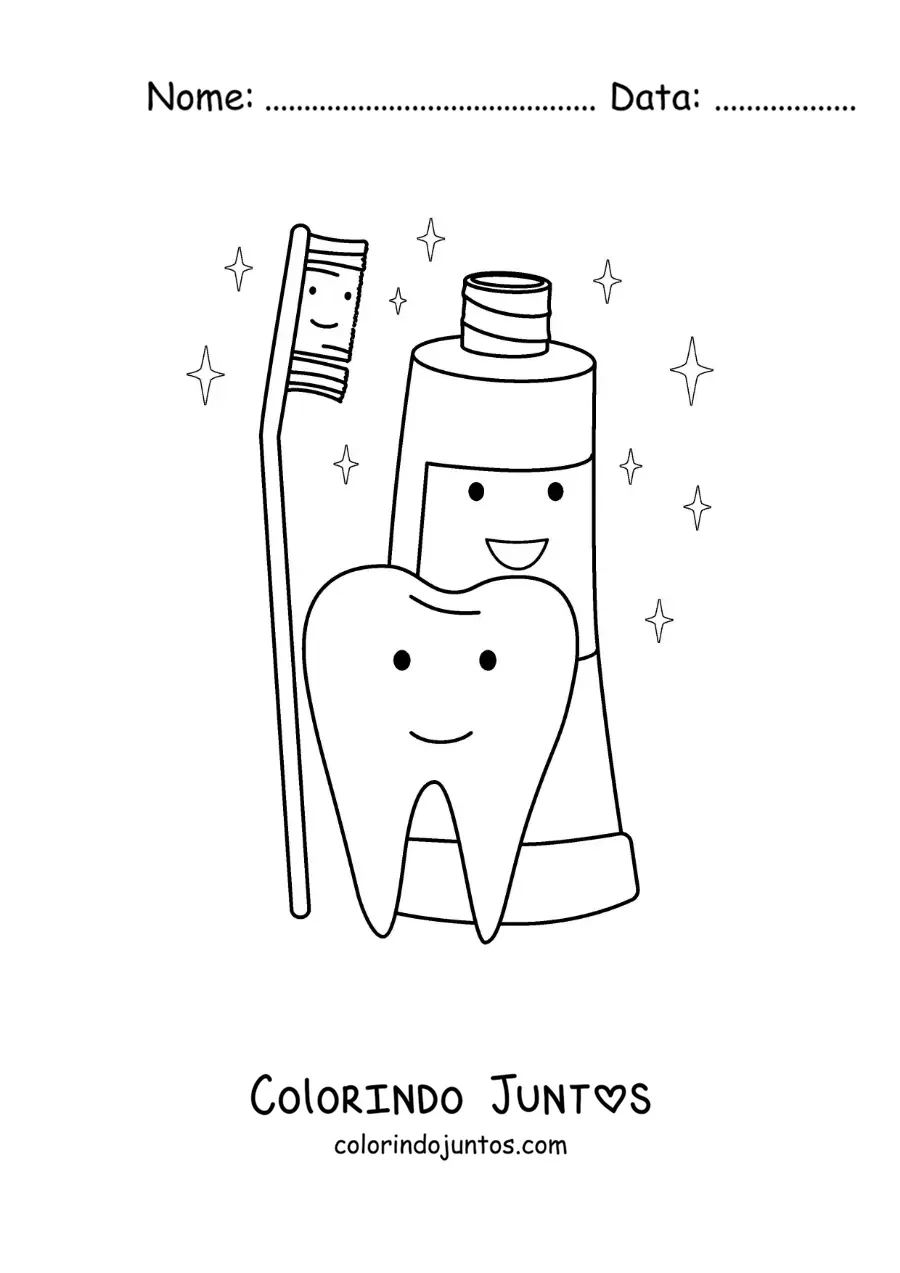 Desenho para colorir de um dente animado ao lado de um tubo de creme dental e uma escova